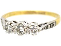 Art Deco 18ct Gold & Platinum, Three Stone Diamond Ring with Diamond Set Shoulders