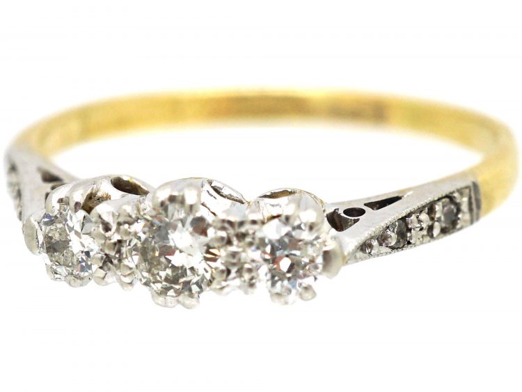 Art Deco 18ct Gold & Platinum, Three Stone Diamond Ring with Diamond Set Shoulders
