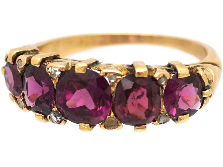 Victorian Five Stone Almandine Garnet & Rose Diamond Ring
