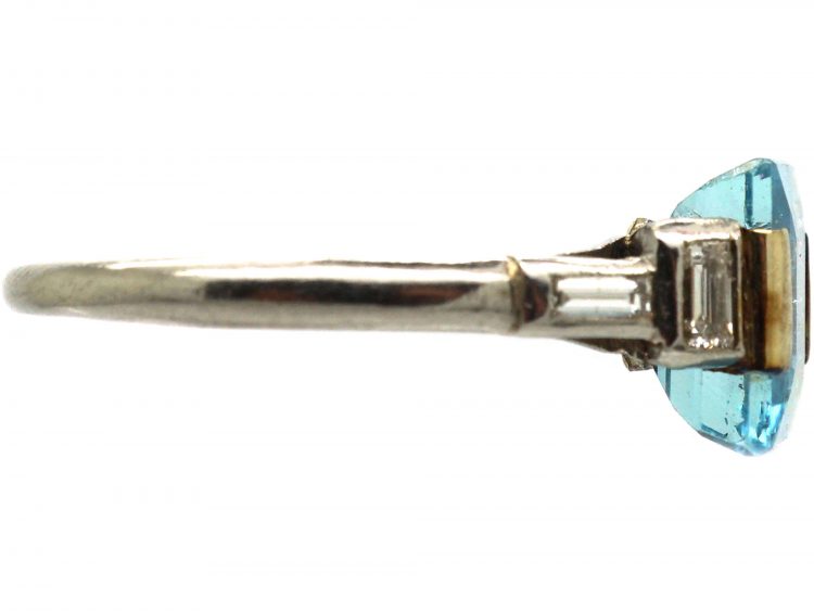 Art Deco Platinum, Baguette Diamond and Square Cut Aquamarine Ring