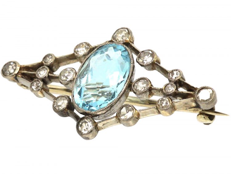 Edwardian Aquamarine & Diamond Brooch in Original Case