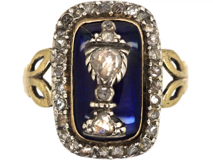 Georgian 15ct Gold & Silver, Rose Diamond & Blue Glass Urn Ring