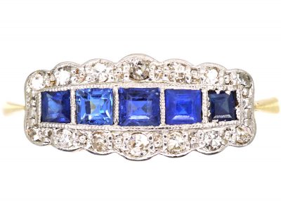 Art Deco 18ct Gold & Platinum, Five Stone Sapphire & Diamond Ring