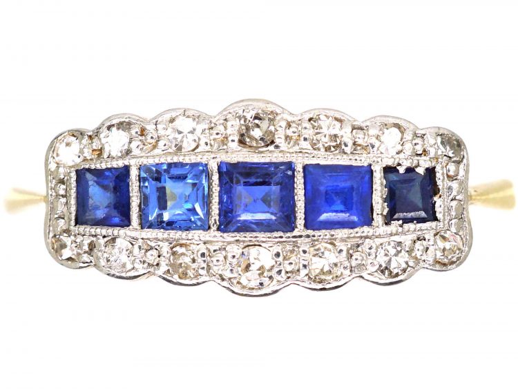 Art Deco 18ct Gold & Platinum, Five Stone Sapphire & Diamond Ring