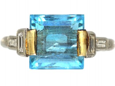 Art Deco Platinum, Baguette Diamond and Square Cut Aquamarine Ring