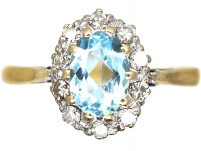 18ct Gold, Aquamarine & Diamond Oval Cluster Ring