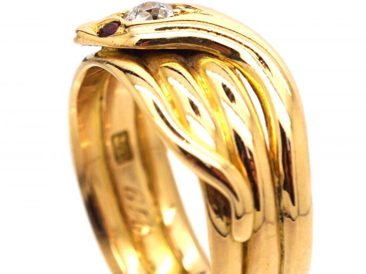 Victorian 18ct Gold Snake Ring with Diamond & Ruby Eyes