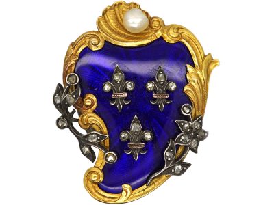 French Regency Gold, Pearl, Diamond and Enamel Heraldic Shield Brooch