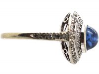 Art Deco Platinum, Cabochon Sapphire & Two Circle Diamond Ring