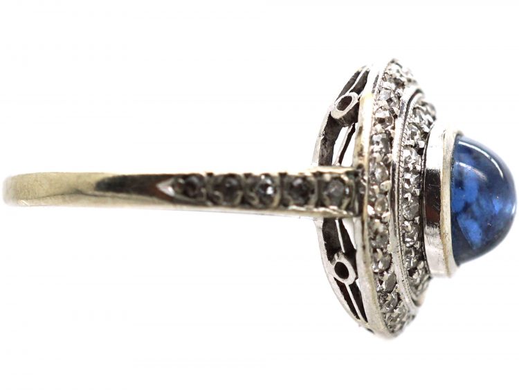 Art Deco Platinum, Cabochon Sapphire & Two Circle Diamond Ring