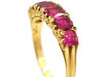 Victorian 18ct Gold, Burma Ruby Five Stone Carved Half Hoop Ring with Diamond Points