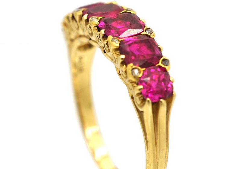 Victorian 18ct Gold, Burma Ruby Five Stone Carved Half Hoop Ring with Diamond Points