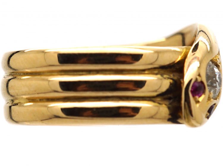 Victorian 18ct Gold Snake Ring with Diamond & Ruby Eyes