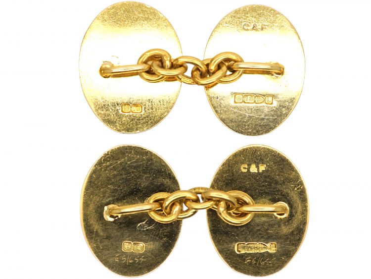 18ct Gold Oval Shaped Cufflinks with Engine Turned Decoration by Cropp & Farr