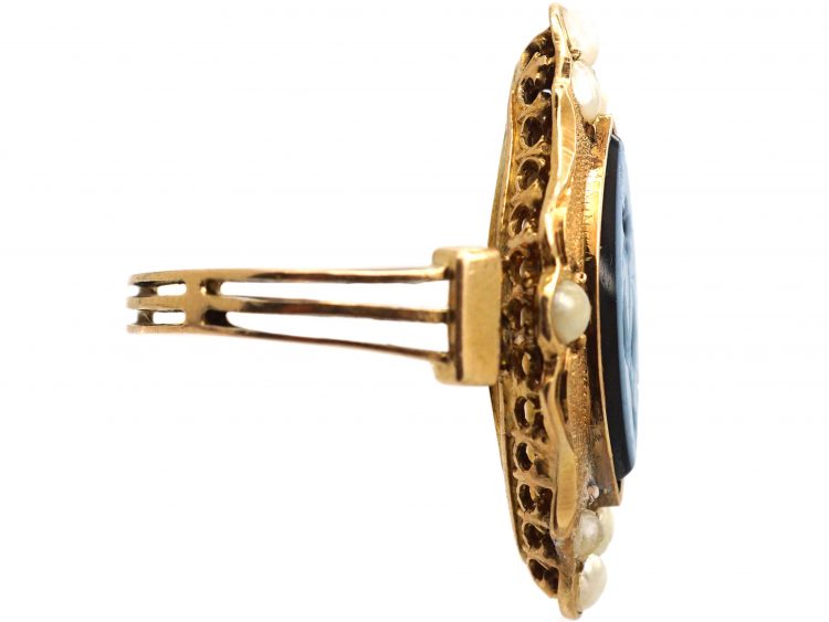 Victorian 18ct Gold Forget Me Not Ring set with Onyx & Natural Split Pearls