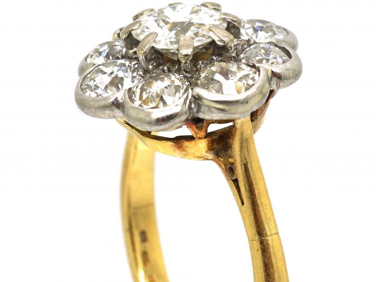 Edwardian 18ct Gold Large Rub Over Set Diamond Daisy Cluster Ring