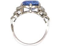 Art Deco 18ct White Gold, Large Ceylon Sapphire Ring with Old Mine Cut Stepped Shoulders