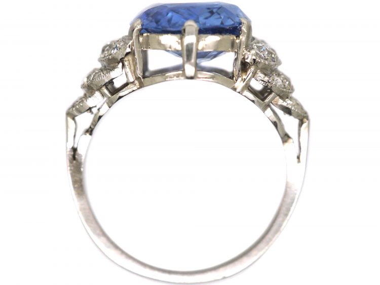 Art Deco 18ct White Gold, Large Ceylon Sapphire Ring with Old Mine Cut Stepped Shoulders