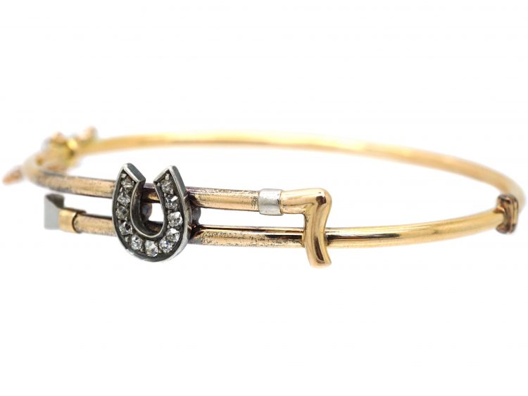 Edwardian 15ct Gold & Silver, Crop & Horseshoe Bangle set with Diamonds