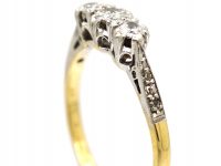 Art Deco 18ct Gold & Platinum, Three Stone Diamond Ring with Diamond Set Shoulders