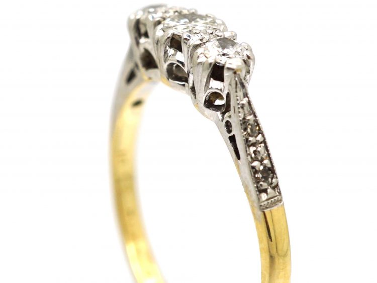 Art Deco 18ct Gold & Platinum, Three Stone Diamond Ring with Diamond Set Shoulders