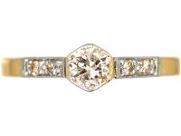 Art Deco 18ct Gold & Platinum Diamond Solitaire Ring with Diamond Set Shoulders