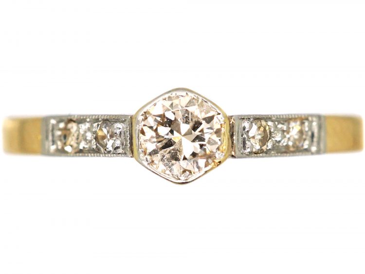 Art Deco 18ct Gold & Platinum Diamond Solitaire Ring with Diamond Set Shoulders