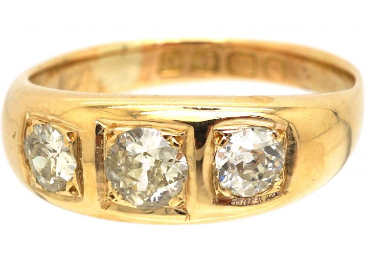 Edwardian 18ct Gold Three Stone Diamond Ring with Square Design Settings