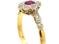 Art Deco 18ct Gold & Platinum, Ruby & Diamond Cluster Ring with Platinum Shoulders