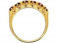 Victorian 18ct Gold, Burma Ruby Five Stone Carved Half Hoop Ring with Diamond Points