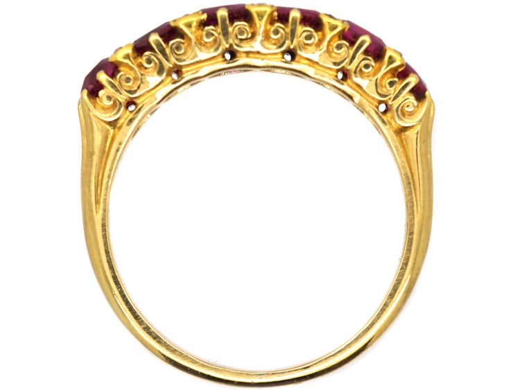 Victorian 18ct Gold, Burma Ruby Five Stone Carved Half Hoop Ring with Diamond Points