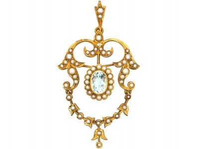 Edwardian 9ct Gold, Aquamarine & Natural Split Pearls Pendant