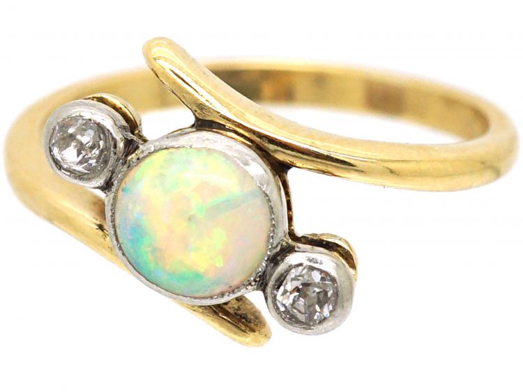 Edwardian 18ct gold & Platinum, Opal & Diamond Three Stone Crossover Ring