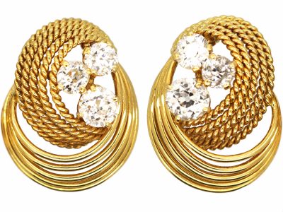 1950s 18ct Gold Clip On Coil Design Earrings set with Three Diamonds