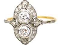 Art Deco 18ct Gold & Platinum, Two Stone Diamond Ornate Ring