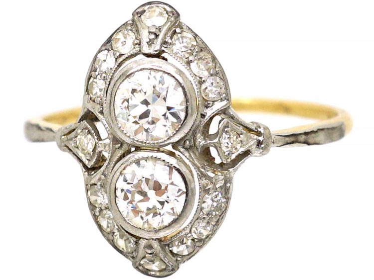 Art Deco 18ct Gold & Platinum, Two Stone Diamond Ornate Ring