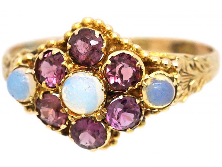 Regency 9ct Gold, Garnet & Opal Cluster Ring