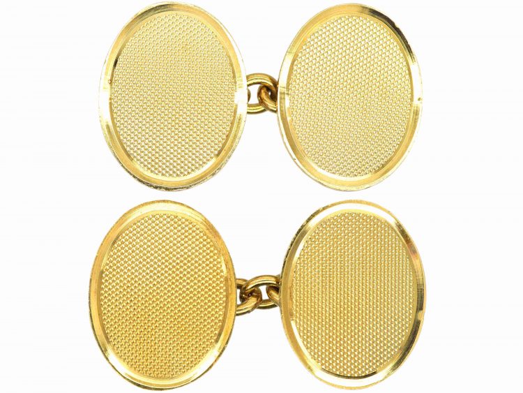 18ct Gold Oval Shaped Cufflinks with Engine Turned Decoration by Cropp & Farr