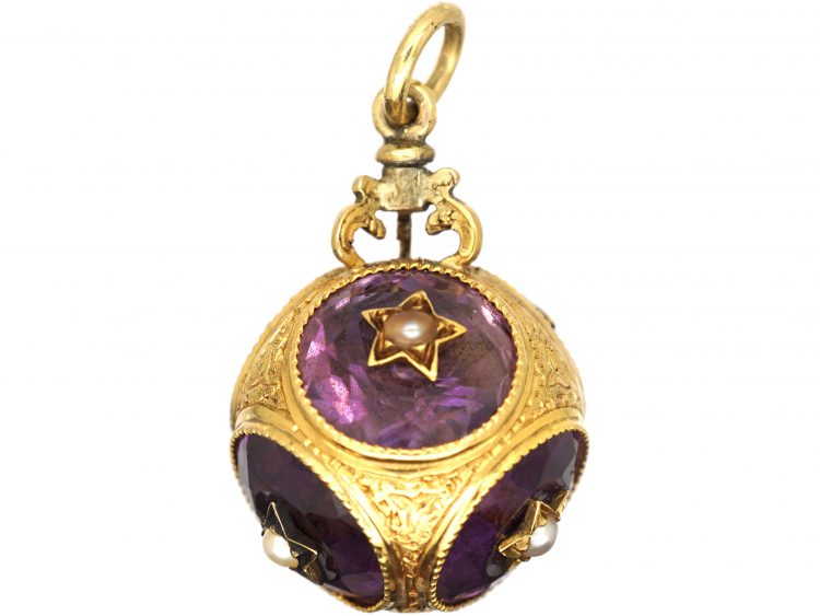 Victorian 15ct Gold, Amethyst & Natural Split Pearl Ball Pendant
