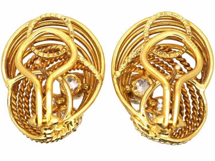 1950s 18ct Gold Clip On Coil Design Earrings set with Three Diamonds