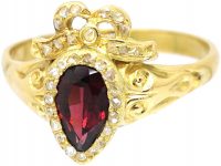 Victorian 18ct Gold, Almandine Garnet and Diamond Heart Shaped Ring in the Rococo Style