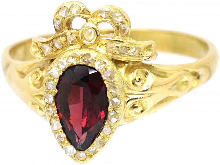Victorian 18ct Gold, Almandine Garnet and Diamond Heart Shaped Ring in the Rococo Style