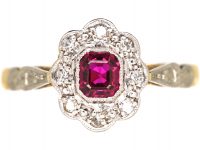 Art Deco 18ct Gold & Platinum, Ruby & Diamond Cluster Ring with Platinum Shoulders