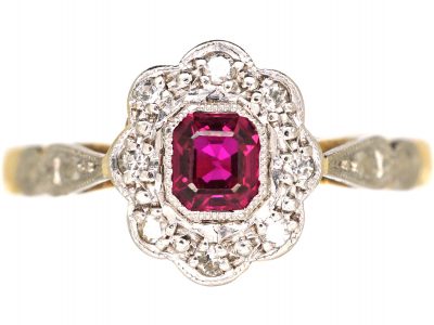 Art Deco 18ct Gold & Platinum, Ruby & Diamond Cluster Ring with Platinum Shoulders