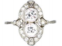 Art Deco 18ct Gold & Platinum, Two Stone Diamond Ornate Ring