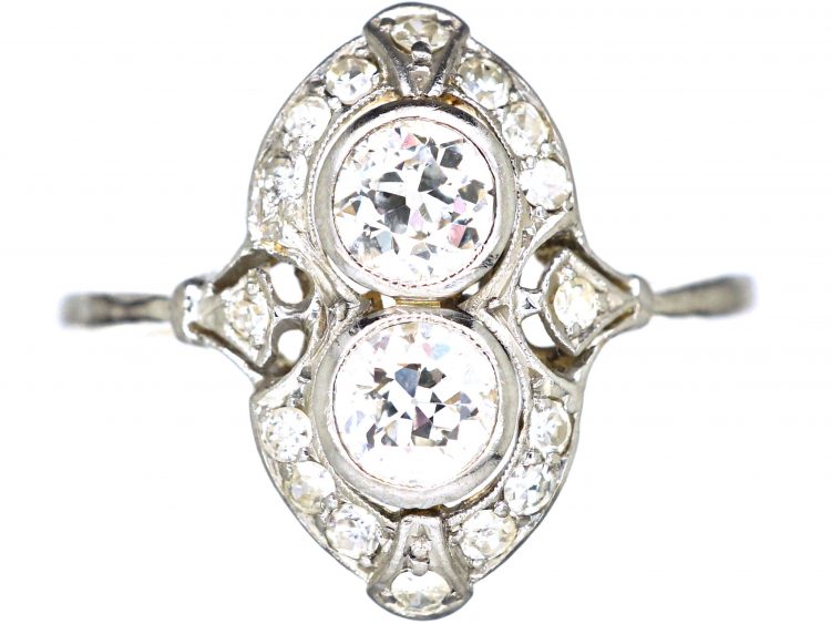 Art Deco 18ct Gold & Platinum, Two Stone Diamond Ornate Ring