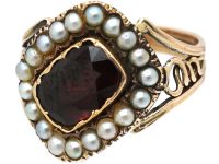 Georgian 9ct Gold Tipped Garnet & Natural Split Pearl Mourning Ring