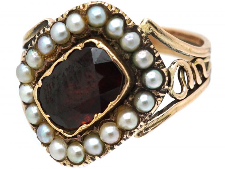 Georgian 9ct Gold Tipped Garnet & Natural Split Pearl Mourning Ring