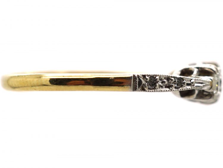 Art Deco 18ct Gold & Platinum, Three Stone Diamond Ring with Diamond Set Shoulders