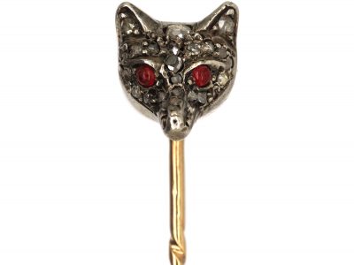 Edwardian Fox Head Tie Pin Studded with Rose Diamonds & Ruby Eyes